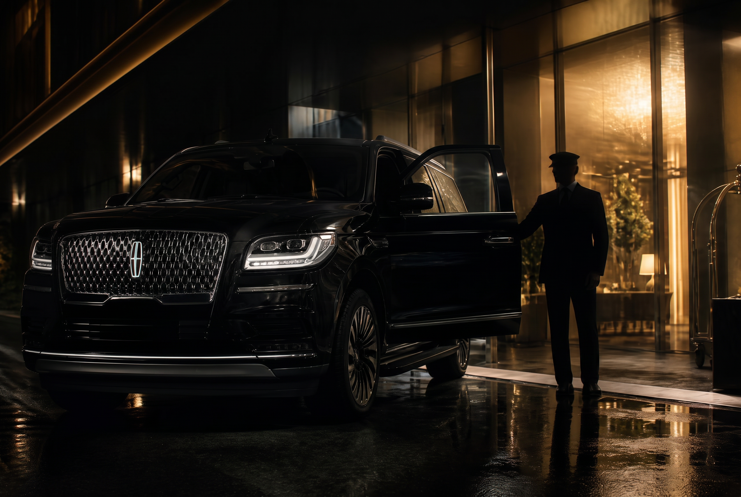 Luxury black Lincoln Navigator with chauffeur at a hotel entrance